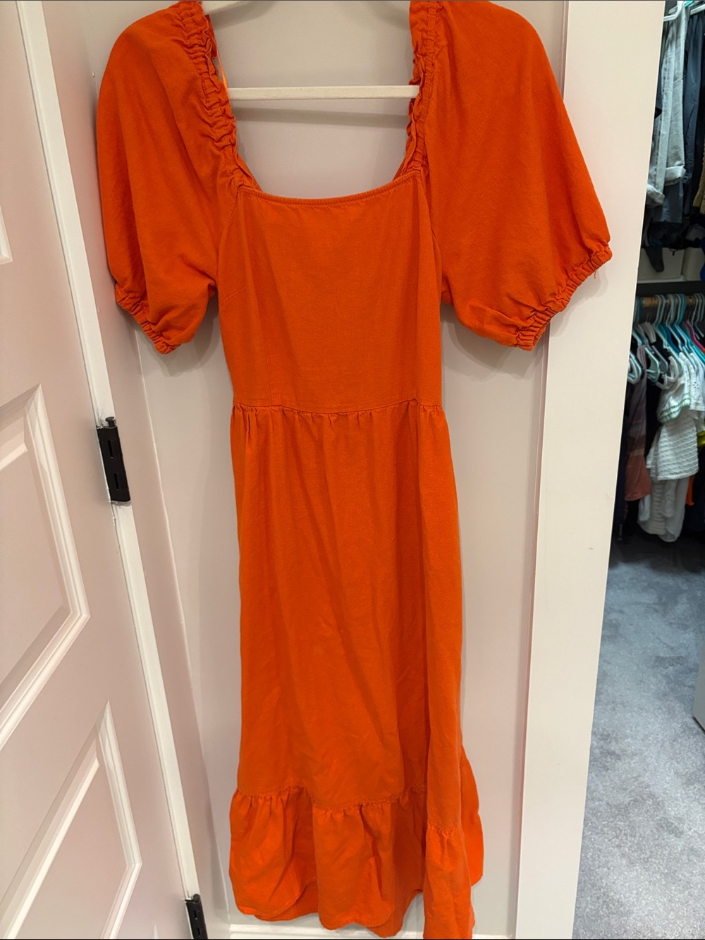 Orange Puff-Sleeve Midi Dress
